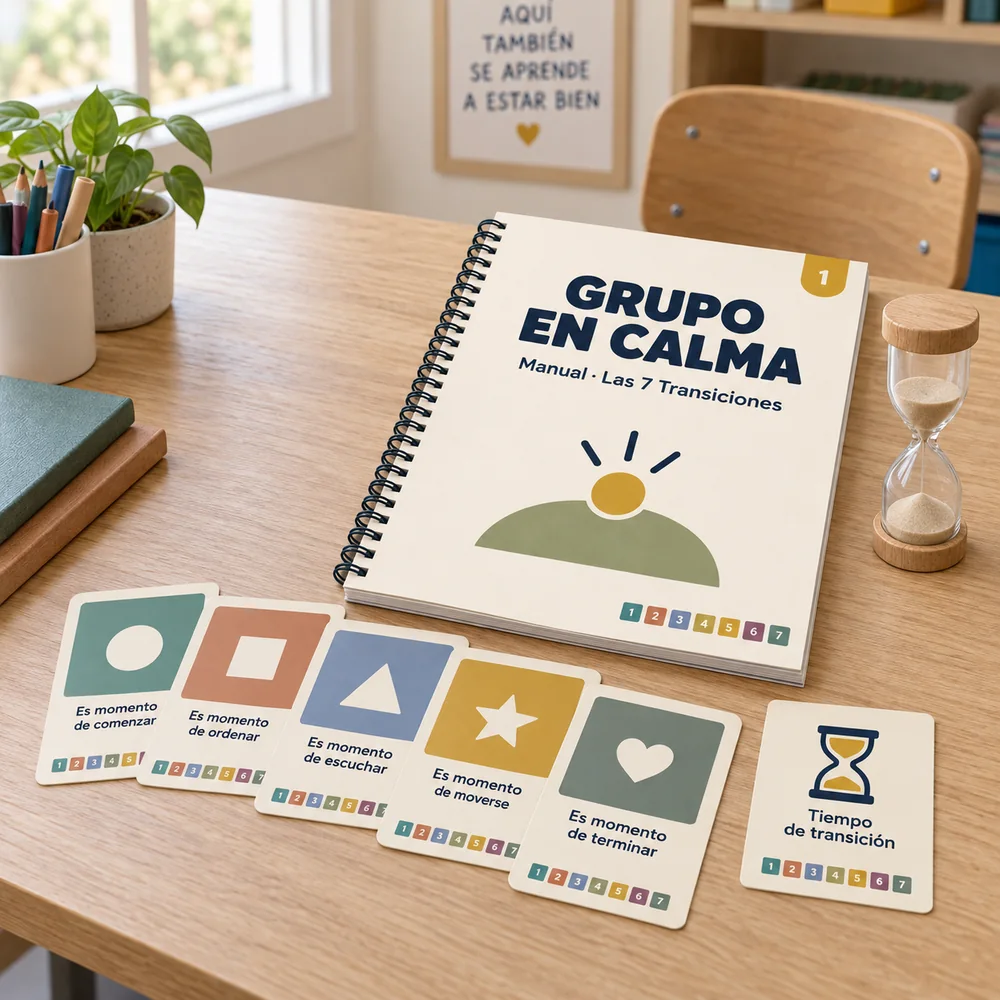 Manual impreso de Grupo en Calma, tarjetas de señales y un reloj de arena sobre un escritorio de salón